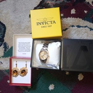 2fer Alzi By Alzerina "Magnalia ' 24KT Gold Plated Earrings (New)& Invicta Watch